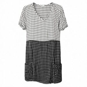 FLAX Black White Gingham Linen Tunic Dress Short Sleeve Pockets Womens Size S